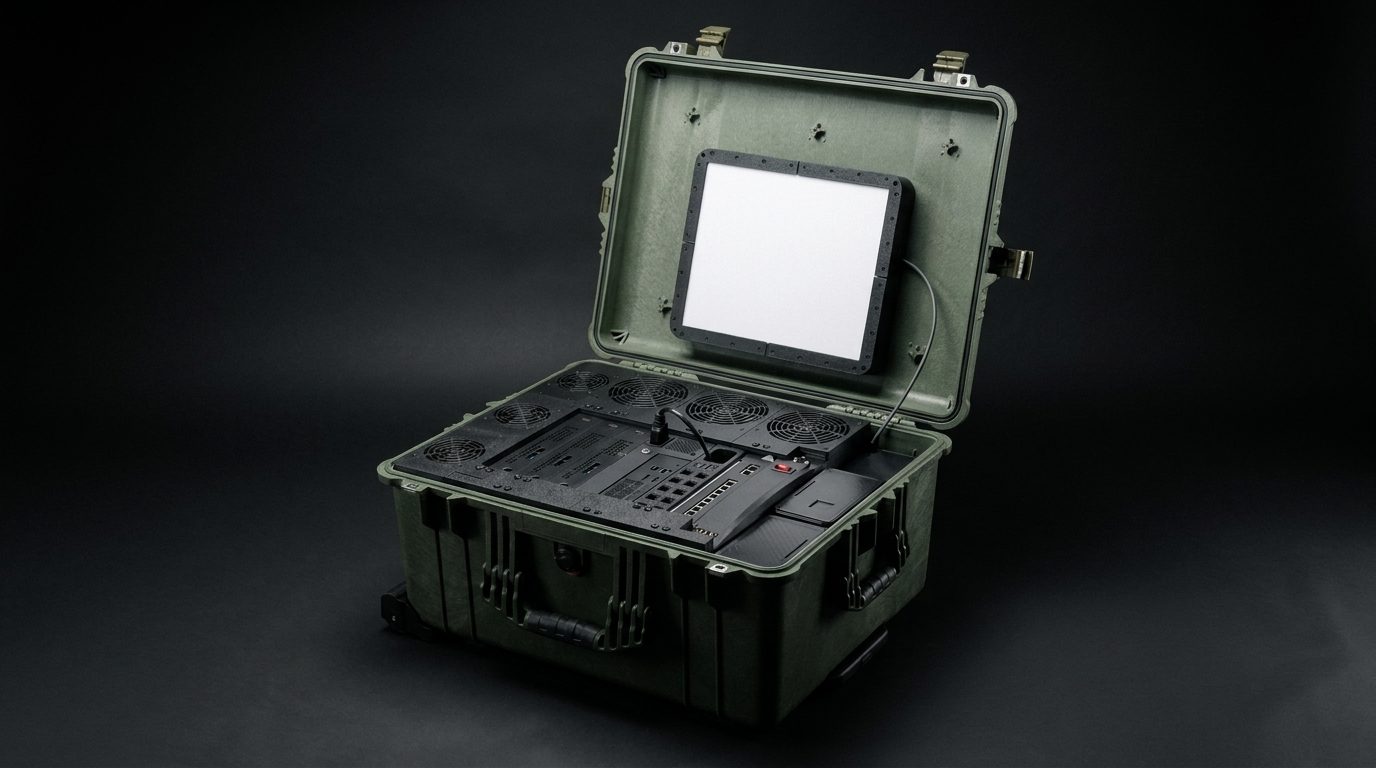 Outpost field platform: a ruggedized transit case with integrated compute, cooling, display, and radio antennas